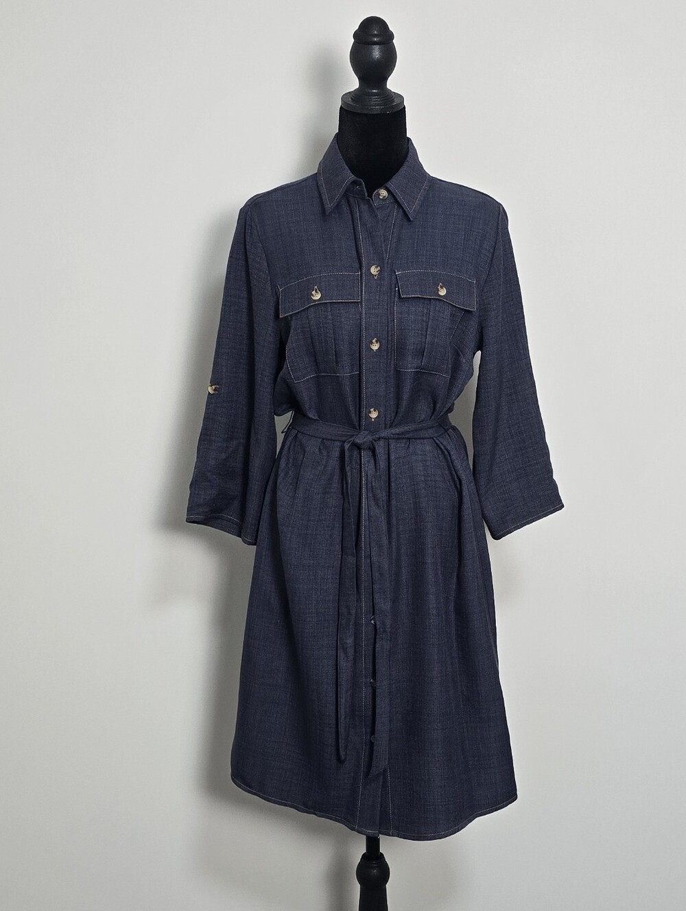 Emma & Michele Denim Chambray Button-Up Shirt Dress with Tie Waist